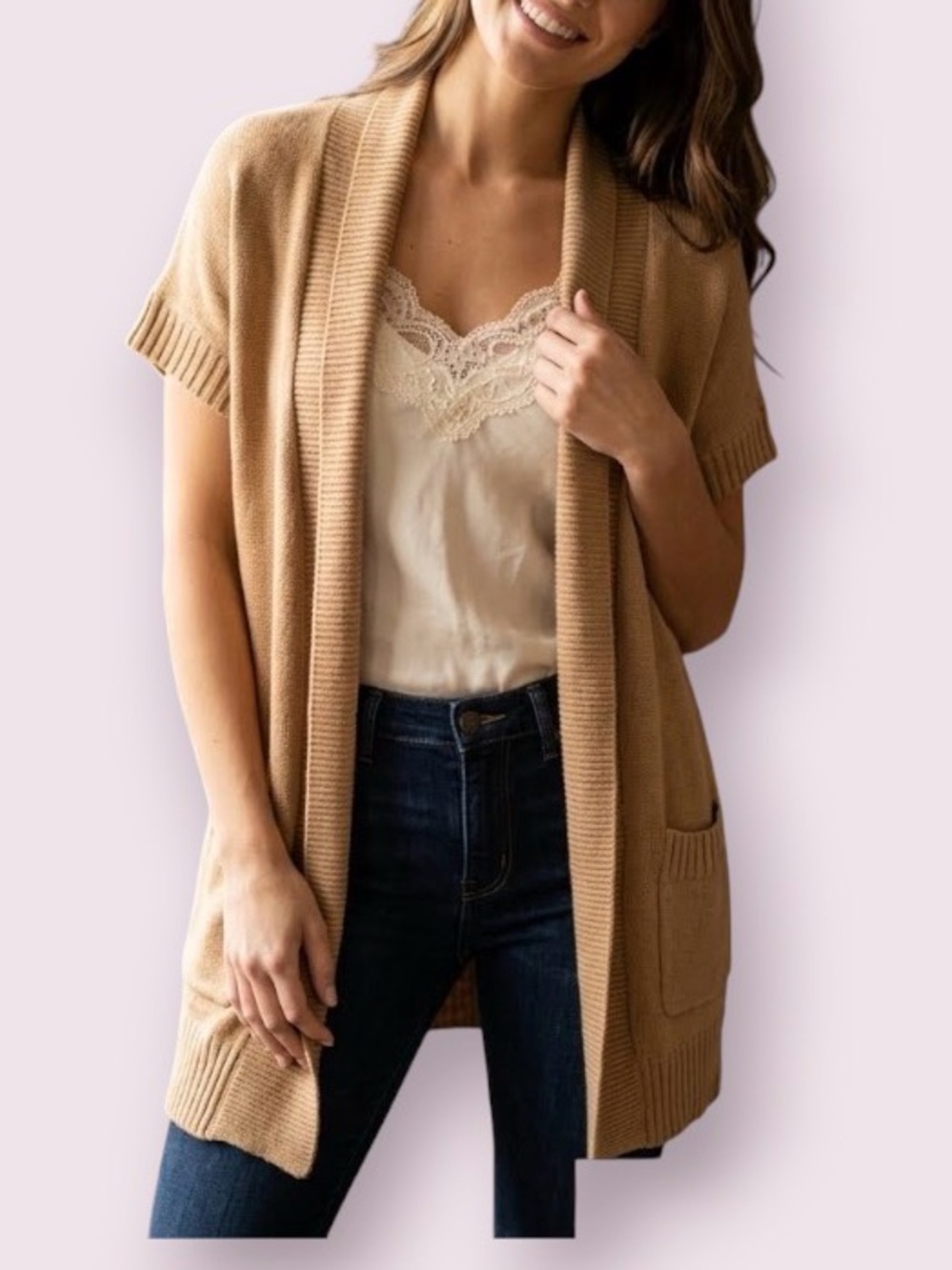 Chico’s Cotton Cardigan Sweater Neutral Tan Short Sleeve Open Front Medium